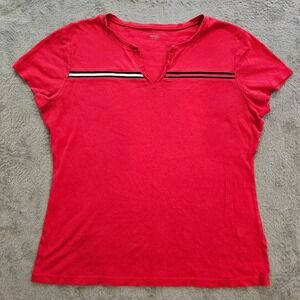Tommy Hilfiger Red Short Sleeve Split Neck Top Sporty Stripe XL